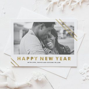 Modern Faux Gold Foil Happy New Year Photo Holiday Card