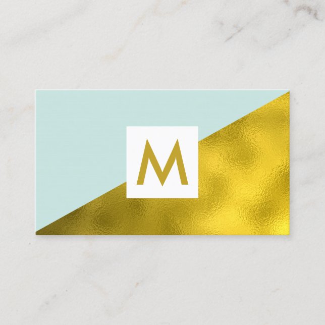 Modern Faux Gold Foil Mint Monogram Business Card (Front)