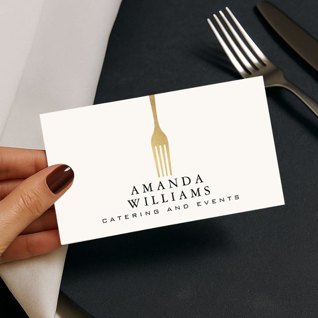 Modern Faux Gold Fork Catering Logo Ivory Business Card (Creator Uploaded)