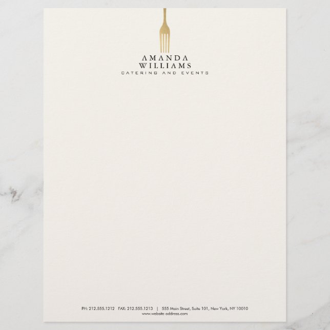 Modern Faux Gold Fork Catering Logo Ivory Custom Letterhead (Front)