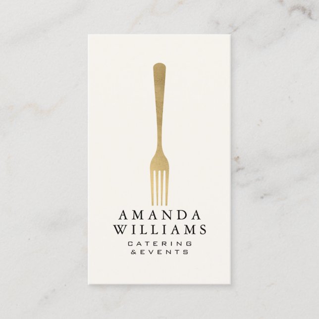 Modern Faux Gold Fork Catering Logo Ivory Vertical Business Card (Front)