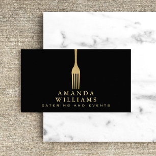 Modern Faux Gold Fork Catering Logo on Black Business Card