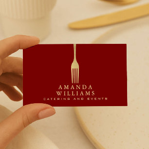 Modern Faux Gold Fork Catering Logo on Red Business Card