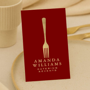 Modern Faux Gold Fork Catering Logo on Red II Business Card