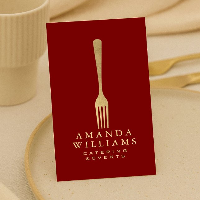 Modern Faux Gold Fork Catering Logo on Red II Business Card (Creator Uploaded)