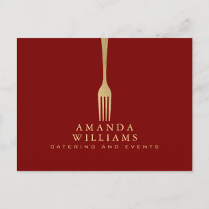 Modern Faux Gold Fork Catering Logo on Red Postcard