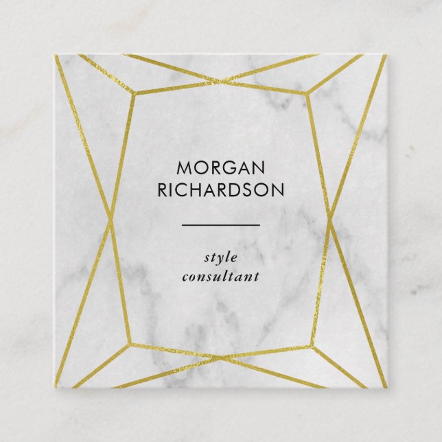 Modern Faux Gold Geometric on a White Marble Look Square Business Card (Front)