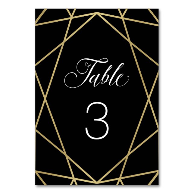 Modern Faux Gold Geometric on Black Table Number (Front)