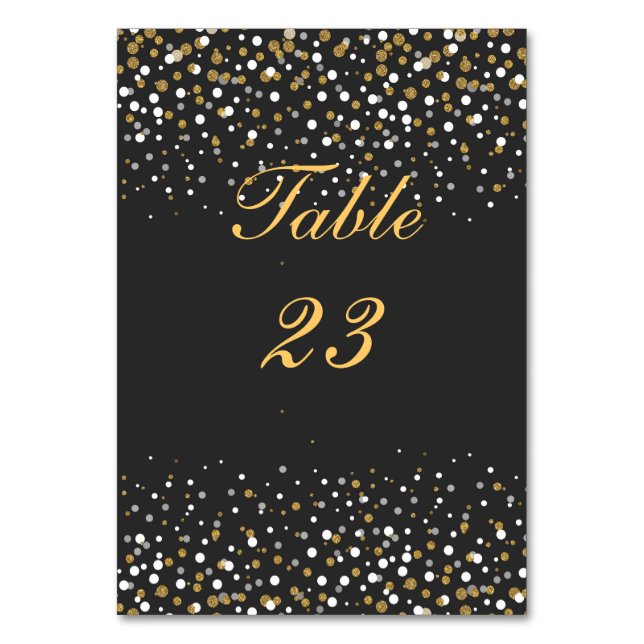 Modern faux gold glitter confetti illustration table number (Front)