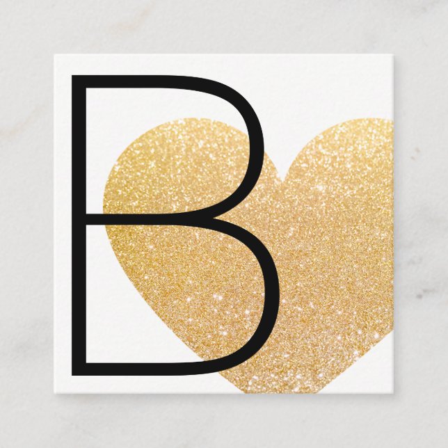 Modern Faux Gold Glitter Heart Black White Square Business Card (Front)