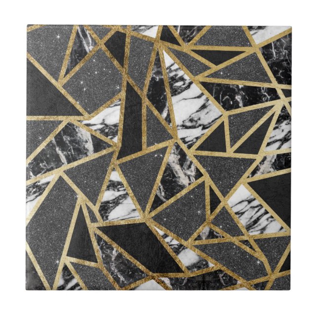 Modern Faux Gold Glitter Marble Geometric Triangle Tile (Front)