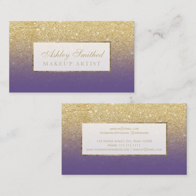 Modern faux gold glitter purple ombre makeup business card (Front/Back)