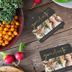 Modern Faux Gold Graduate Script Photo Grid Black Square Paper Coaster