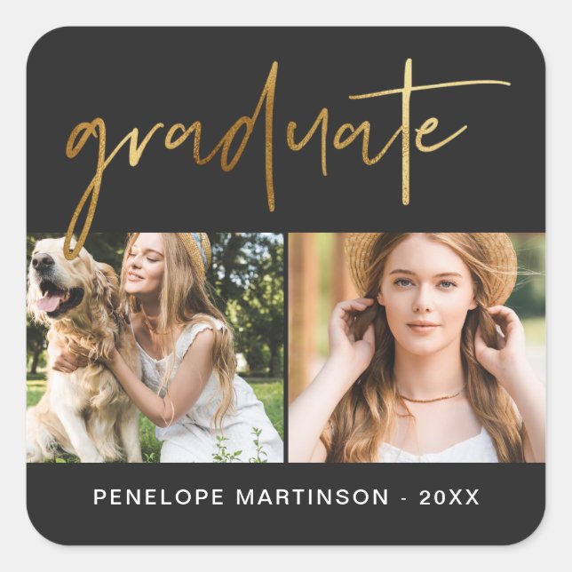 Modern Faux Gold Graduate Script Photo Grid Black Square Sticker (Front)