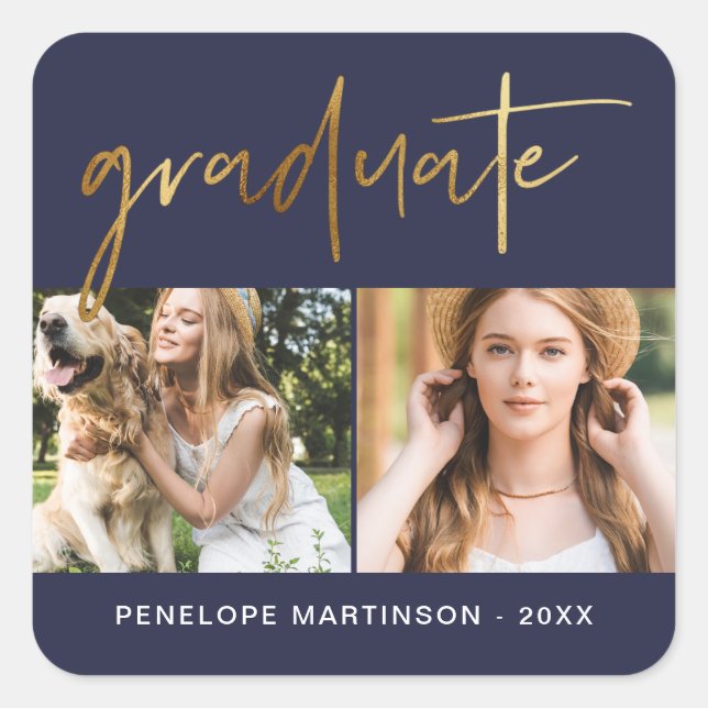 Modern Faux Gold Graduate Script Photo Grid Blue Square Sticker (Front)
