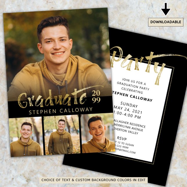 Modern Faux Gold Metallic 4 Photo Graduation Party Invitation (Creator Uploaded)