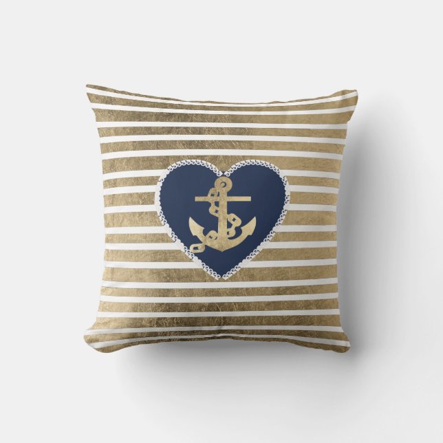 Modern faux gold navy blue anchor nautical stripes cushion (Front)