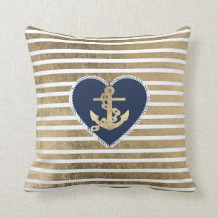Modern faux gold navy blue anchor nautical stripes cushion