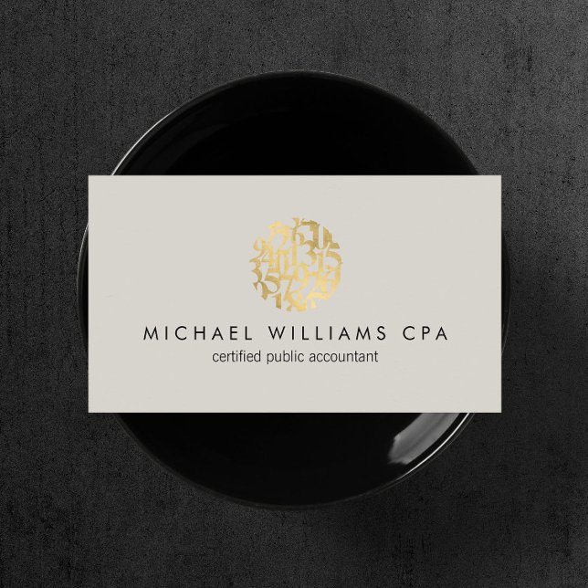 Modern Faux Gold Numbers Logo Accountant Grey Business Card (Creator Uploaded)