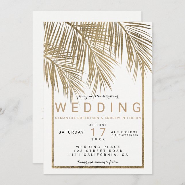 Modern faux gold palm tree elegant frame wedding invitation (Front/Back)