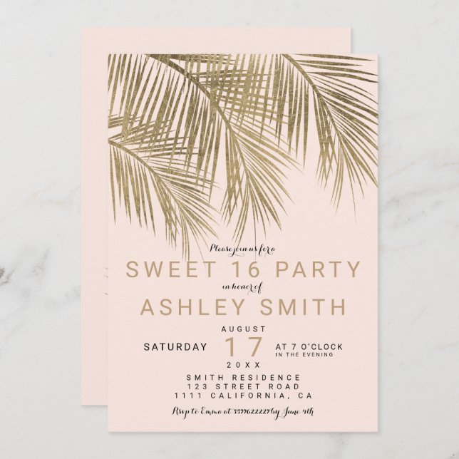 Modern faux gold palm tree elegant pink Sweet 16 Invitation (Front/Back)