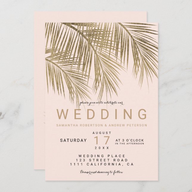 Modern faux gold palm tree elegant wedding pink invitation (Front/Back)