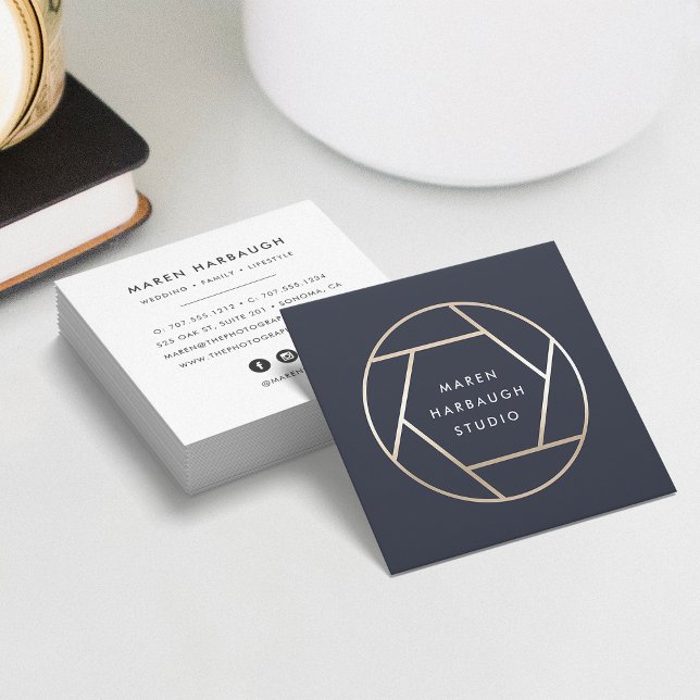 Modern Faux Gold Photographer Logo Square Business Card (Creator Uploaded)
