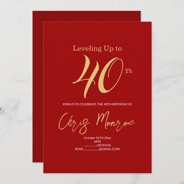 Modern Faux Gold & Red Birthday Invitation (Front/Back)