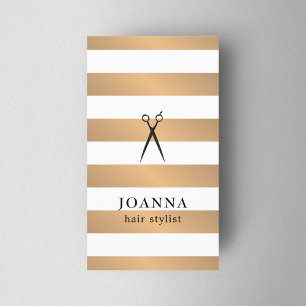 Modern Faux Gold Stripes Black Scissors Hair Business Card