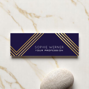 Modern faux gold stripes elegant dark blue mini business card