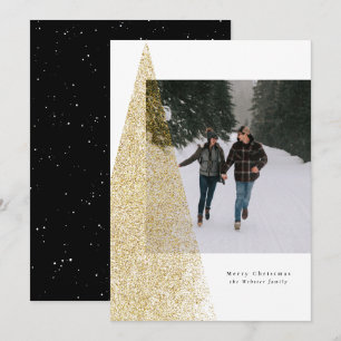 Modern faux gold tree black white Christmas photo Holiday Card
