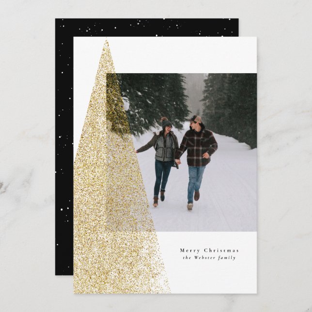 Modern faux gold tree black white Christmas photo Holiday Card (Front/Back)