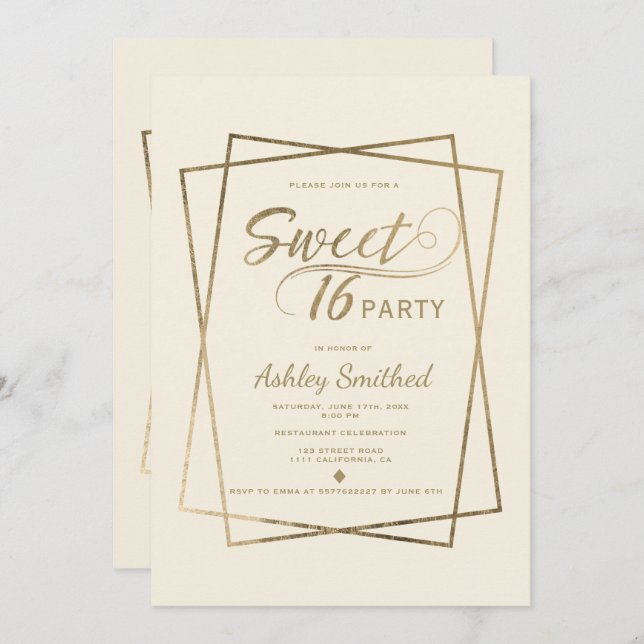 Modern faux gold typography ivory Sweet 16 Invitation (Front/Back)