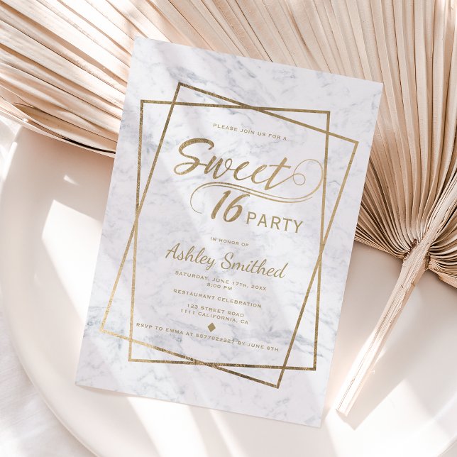 Modern faux gold typography marble Sweet 16 Invitation (Creator Uploaded)