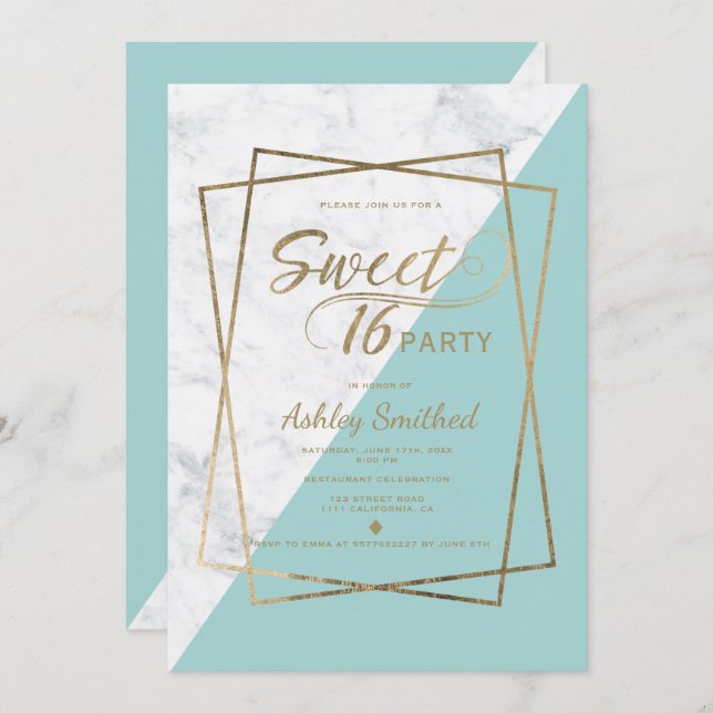 Modern faux gold typography marble teal Sweet 16 Invitation (Front/Back)