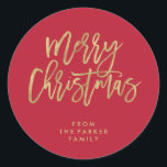 Modern Faux Gold Typography | Red Merry Christmas Classic Round Sticker<br><div class="desc">These stylish holiday stickers say "Merry Christmas" in trendy,  faux gold typography on a red background. Personalise with your name.</div>
