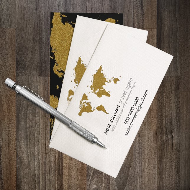 Modern Faux Gold World Map Prof. Travel Agent Business Card (Creator Uploaded)