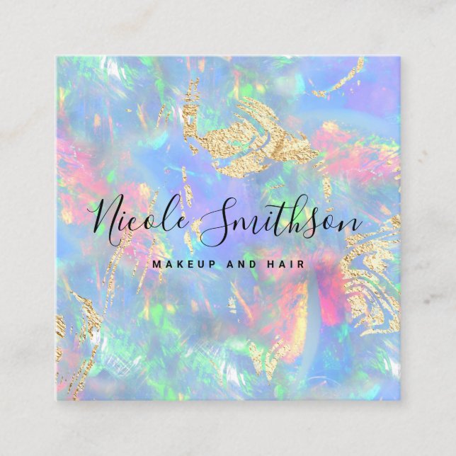 modern faux holographic pastel opal square business card (Front)