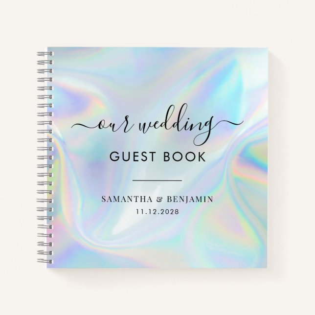 Modern Faux Holographic Script Wedding Guest Book (Front)