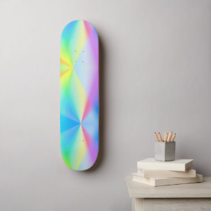 Modern faux iridescent pastel rainbow coloured skateboard