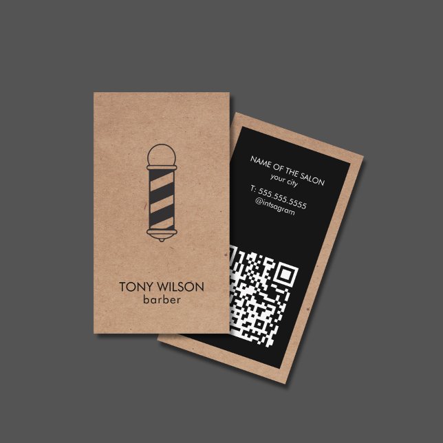 Modern Faux Kraft Black QR Code Barber Pole Salon Business Card (Creator Uploaded)