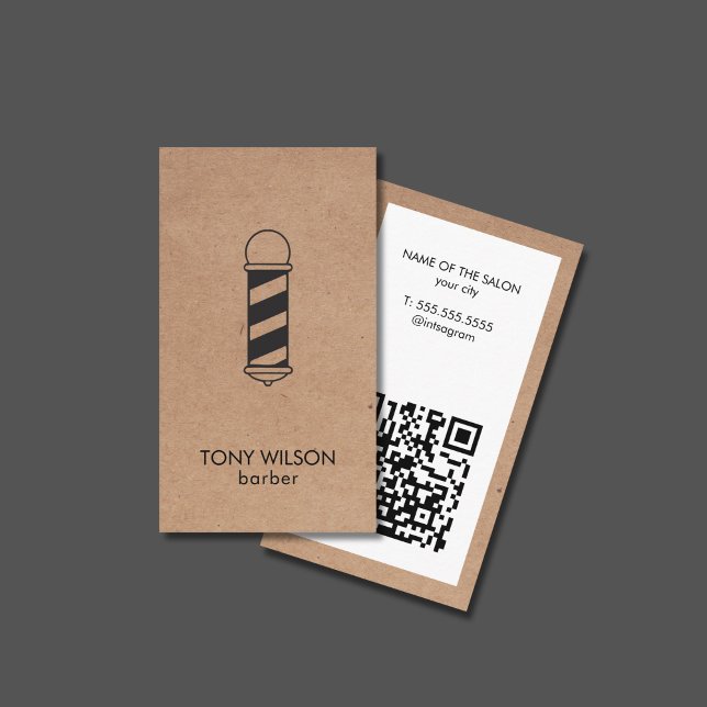 Modern Faux Kraft White QR Code Barber Pole Salon Business Card (Creator Uploaded)