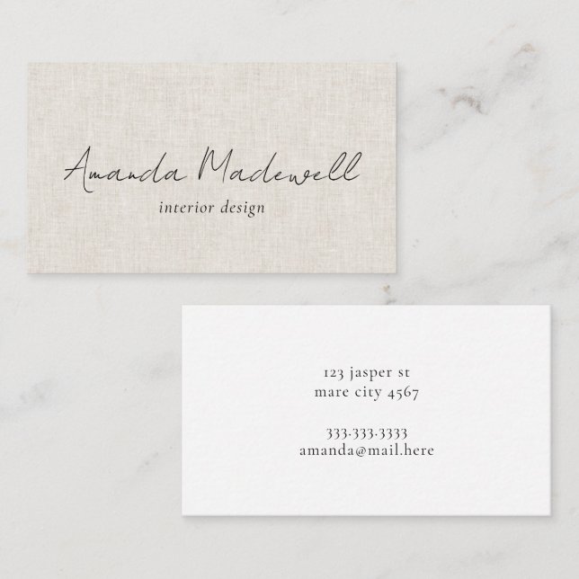 Modern Faux Linen Signature Script Name Business C Card (Front/Back)