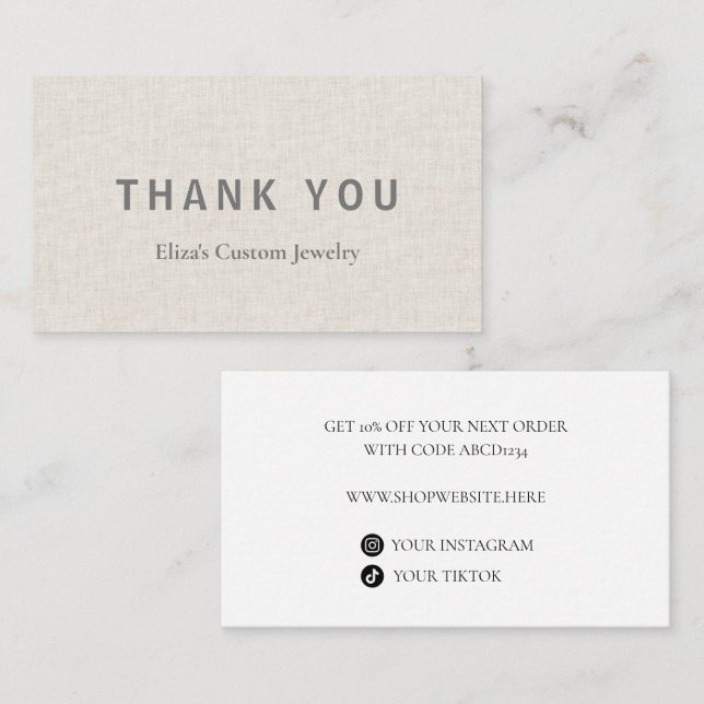 Modern Faux Linen Thank You Business Discount Card (Front/Back)