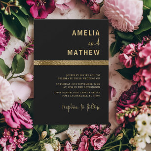 Modern Faux Metallic Gold & Black Wedding  Invitation