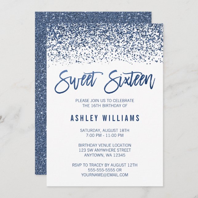 Modern Faux Navy Blue Glitter Sweet 16 Birthday Invitation (Front/Back)