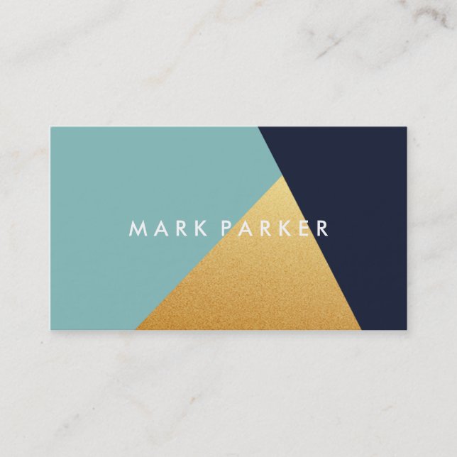 Modern Faux Navy, Blue White Gold Geometric Block Business Card (Front)