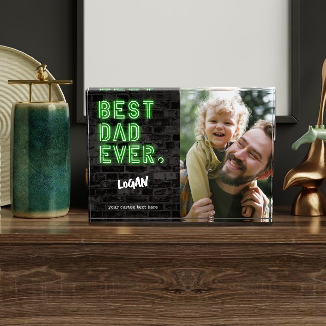 Modern Faux Neon Best Dad Ever Gift for Dad Custom Photo Block (Creator Uploaded)
