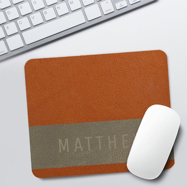 Modern Faux Orange Grey Leather Texture Name Mouse Pad (Modern Faux Orange Gray Leather Texture Name Mouse Pad)