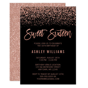 Modern Faux Rose Gold Black Glitter Sweet 16 Invitation